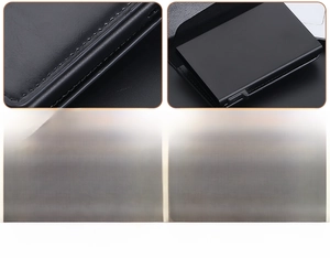 Detail of high-quality leather stitching and metal RFID blocking card ejector mechanism