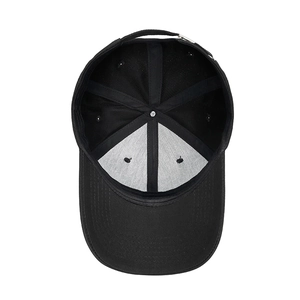 Black cotton twill baseball cap showing internal six-panel construction and stitching