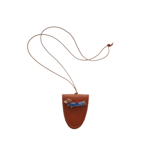 Brown leather dachshund dog necklace pouch with cute cartoon dachshund charm decoration
