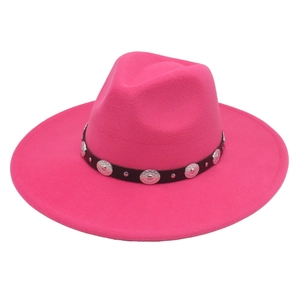 Detail of fuchsia wide brim felt hat with black leather band and silver metal studs