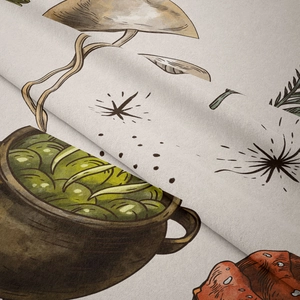 Detailed close-up of bohemian tapestry fabric texture with mushroom and cauldron illustration