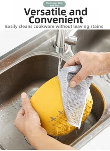 Close-up of wire dishcloth cleaning a yellow pan in kitchen sink, dual-use design