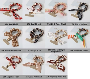 Detailed grid of fashion phone lanyards with silk scarf and metal chain weaving patterns