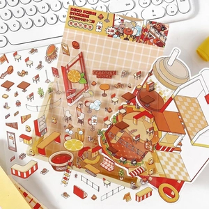 2.5D cute cartoon burger shop sticker set on desk with keyboard background