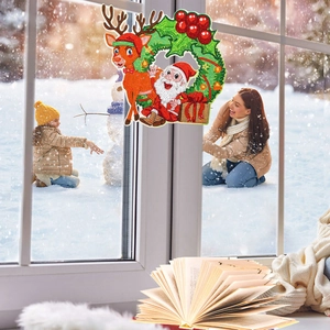DIY 5D Christmas diamond art sticker with Santa and reindeer on window glass