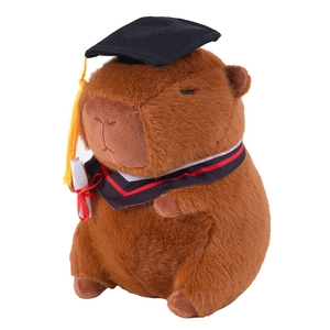Cute brown capybara plush toy wearing a black graduation cap and holding a diploma scroll