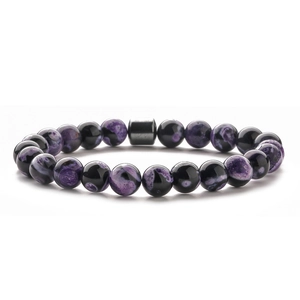 Men's 8mm beaded bracelet with purple turquoise, black stone, and grey cylinder bead