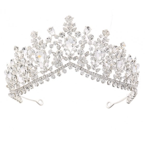 Elegant silver bridal tiara crown with sparkling crystal rhinestones on a white background