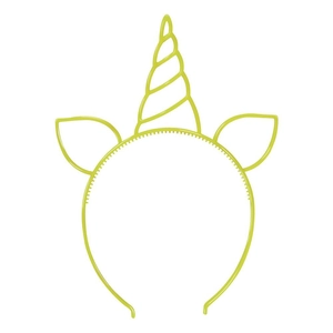 Close-up of light green unicorn headband with spiral horn and ears on white background