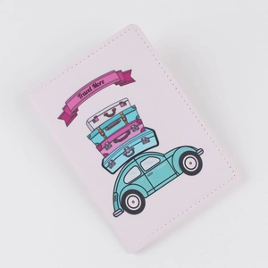 Pink PU leather passport holder with 'Travel More' car print and fine edge stitching