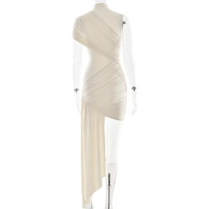 Detail view of cream white asymmetrical dress with back ruching and cascading fabric