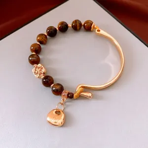 18K gold plated tiger eye beaded bracelet with vintage metal rings and coin charm