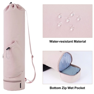 Yoga mat bag detail view featuring waterproof fabric and bottom wet pocket design.