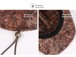 Detail of adjustable windproof drawstring and buckle on vintage suede cowboy hat