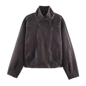 Women Suede Jacket Retro Brown Stand Collar Faux Leather Trim Fleece Lined Zipper Outerwear Streetwear