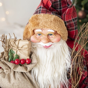 Charming Santa Claus figurine with red plaid hat and sack for Christmas home decor