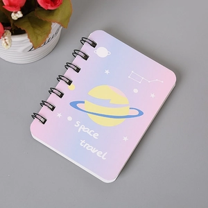 Space travel theme A7 spiral notebook with purple gradient cover and starry patterns