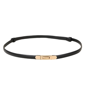 Minimalist black patent leather skinny belt with a polished gold-tone metal hook buckle