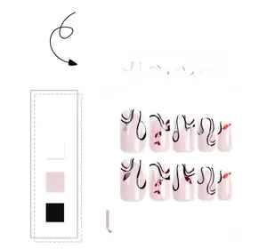 Detail of square nails featuring black curved lines and deep red leaf motifs on soft pink base
