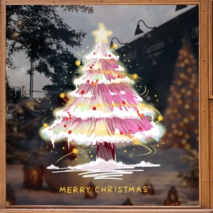 Pink Christmas tree window sticker with white snow and Merry Christmas greeting