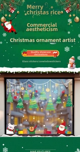 Detail of Christmas window stickers featuring Santa, reindeer, and festive snowflakes