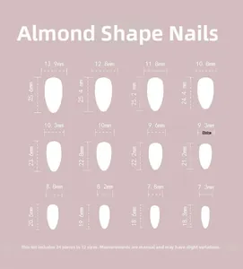 Detailed size chart for almond press-on nails with 12 sizes and 24 pieces measurement