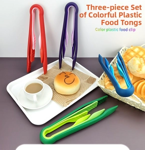 Three-piece colorful plastic kitchen tongs for bread and salad in red purple blue green