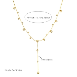 Detail of gold Y-necklace showing 46cm length, 7cm tassel drop and stone settings