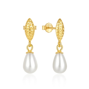 Detailed macro view of S925 sterling silver stamp and elegant white teardrop pearl earrings