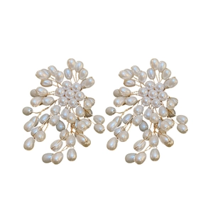 Elegant floral pearl drop earrings featuring handcrafted wire-wrapped firework flower design