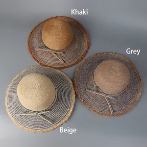 Boho denim and raffia straw sun hats with frayed edges in khaki, gray and beige