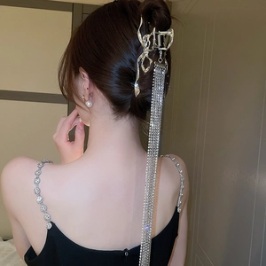 Pince à cheveux papillon argentée avec de longs glands métalliques sur un chignon élégant