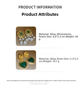 Detailed specs of vintage green heart earrings and gold pearl drop stud accessories