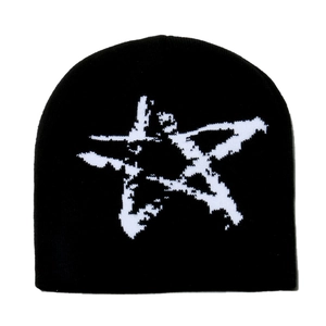 Black knitted beanie with pixelated white star pattern for winter outdoor warmth