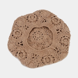 Breathable hollow-out crochet beret hat in camel brown with floral knit patterns
