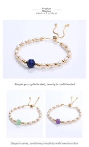 Detail view of freshwater pearl bracelet with colorful gemstones and adjustable gold toggle clasp