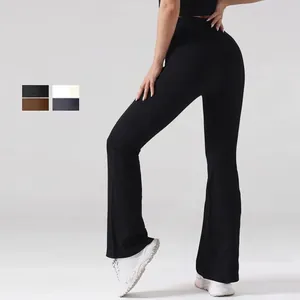 Pantalon de Yoga Évasé Taille Haute Femmes Leggings d'Entraînement Nervurés Sans Couture Pantalon de Sport Décontracté