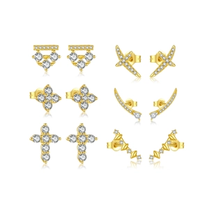 Set of 6 pairs golden S925 sterling silver stud earrings with sparkling cubic zirconia