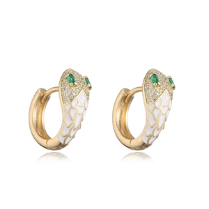 Detail of gold snake earrings with white enamel, green stone eyes and clear cubic zirconia
