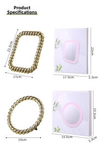 Detailed size parameters for vintage gold makeup mirror and its packaging box