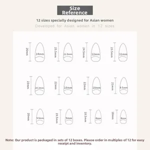 Size chart showing 12 sizes of black almond snake rose press-on nails for women