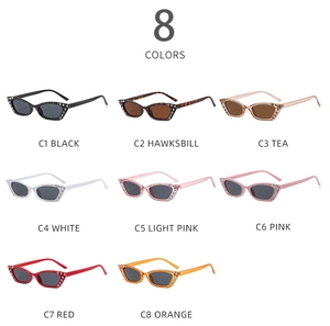 Detail grid showing eight diverse color options for cat eye rhinestone sunglasses