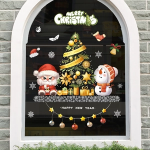Christmas wall stickers featuring Santa, snowman, and tree on a cozy arched window scene