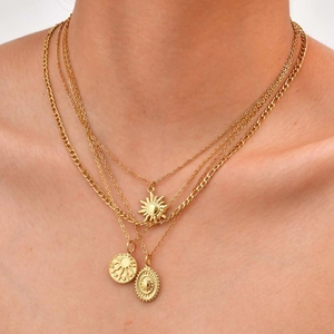 18K gold plated multi-layer titanium steel necklace with sun and relief coin pendants