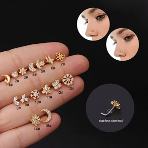 L-Shaped Nose Studs Stainless Steel And Copper With Zircon Piercing Jewelry Flower Star Moon Heart Trendy Women