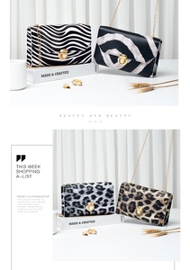 Detailed showcase of four leopard and zebra print crossbody bags with elegant gold chains