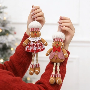 Pair of plush gingerbread figurines with beaded long legs for Christmas tree decor