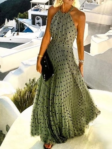 Women Halter Maxi Dress Green Polka Dot Print Sleeveless Pleated Backless High Waist Summer Vacation Retro Polyester