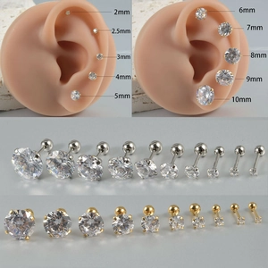 Stainless Steel Stud Earrings With Cubic Zirconia Star And Round Shapes Cartilage Piercing Jewelry Screw Ball Back Accessory
