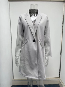Detail view of light grey mid-length wool coat featuring lapel collar and button closure